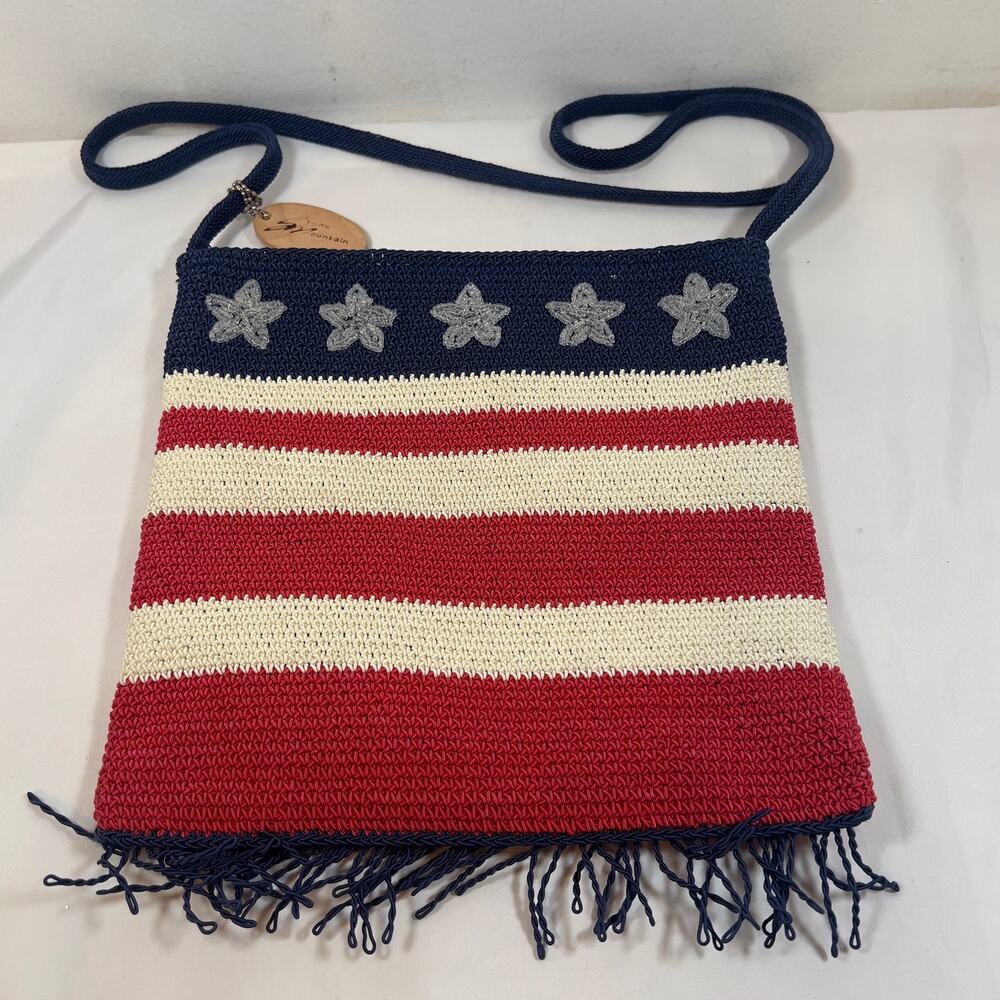 Vintage Stone Mountain Crochet Knit Stars & Stripes Crossbody Bag Y2K Flag Purse